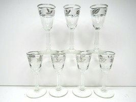 7 VTG Libbey Silver Leaf Frosted Pattern Cordial 4 1/4&quot; Stemware Glasses... - £28.22 GBP