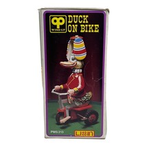 Vintage Tin Litho Wind Up Duck On Bike Toy W/ Box Peddle Metal Toy No Key - £19.23 GBP
