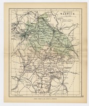 1884 Antique Map County Warwick Warwickshire Birmingham Rugby Coventry England - £13.40 GBP