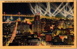 Vtg Postcard San Francisco Night View, Bay Bridge and Battleship Searchlights - £5.76 GBP