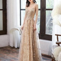 Beautiful Champagne Evening Dresses O-Neck Lace Appliques Beaded Shiny Illusion  - £277.46 GBP