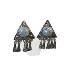 Unique Vtg Textured Silver Tone &amp; Faux (?) Turquoise Dangle Clip Earrings - $11.00