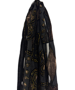 Natori Black Scarf Print Fabric with Gold Accents Fringed Vintage Style - $33.83 CAD