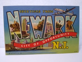Greetings From Newark New Jersey Large Big Letter Postcard Airplane Linen Unused - £6.37 GBP