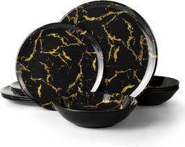 Black Dinnerware Set For 4 Modern Melamine Dishes Plates Bowls Gold Sala... - £49.83 GBP