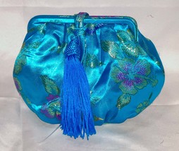 Bright Silky Embroidered Turquoise Vintage Purse, Bag, Handbag Handmade - £14.95 GBP