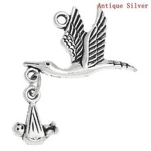 4 Stork Charms Baby Charms Baby Shower Charms Favors Antiqued Silver Moveable - £2.23 GBP
