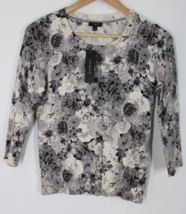 NWT Talbots P Gray White Floral Print Cotton Stretch Thin Knit Cardigan Sweater - £29.87 GBP
