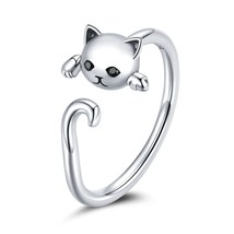 100% 925 Sterling Silver Sticky Cat with Long Tail Finger Ring Women Ring Adjust - £16.14 GBP