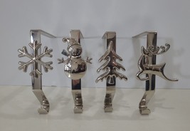 Christmas Stocking Hanger Holder Set 4 Silver Metal Front Design - £13.46 GBP