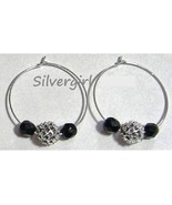 1 1/2&quot; Silver Plate Black Beaded Glitter Hoop Earrings - £10.35 GBP