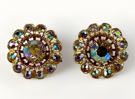 Vintage Rainbow Aurora Borealis Rhinestone Gold Tone Cluster Screwback E... - $17.56