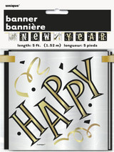 Happy New Year 5 Ft Ribbon Block Banner Decoration Black, Silver, Gold - £3.31 GBP