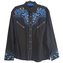 Salvaje Oeste Pearl Snap Western Shirt L Mens Black Blue Embroidered Cowboy - £39.99 GBP