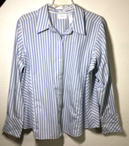 Liz Claiborne Women 18W Blouse Shades of Blue Stripes Cuff Cotton Non-Iron - £10.77 GBP