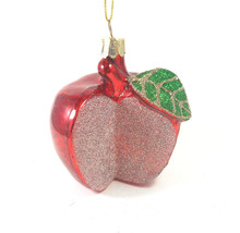 Silver Tree Ornament Bright Red Teacher&#39;s Apple Glass Christmas Red Green 3.5 in - £13.28 GBP