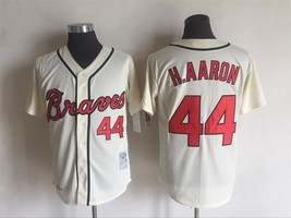 Men&#39;s Braves Hank Aaron #44 Jersey Throwback Cream Uniform - £46.06 GBP