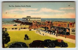 The Pier Daytona Beach Florida Postcard Beach Linen Old Cars Ocean  Buil... - $11.70