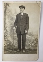 Antique Portrait Style RPPC Dapper Young Man in Cap w/ Walking Cane AZO - £10.21 GBP