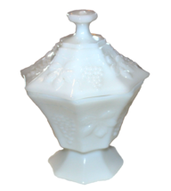 Vintage Milk Glass Candy Bowl Octagonal with Lid – Footed Grapevine Design - £9.59 GBP