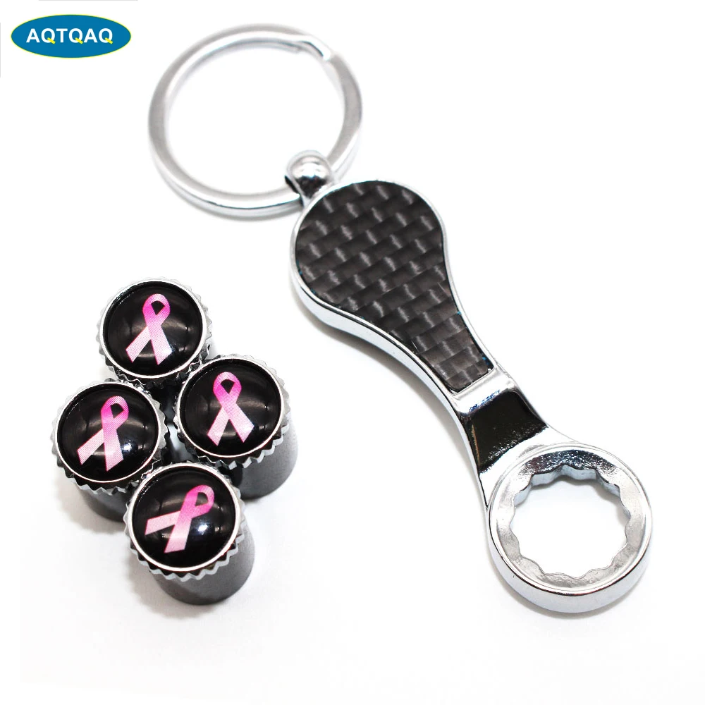 5Pcs/Set Pink Ribbon m Auto Car Wheel Tire Air Valve Caps With Wrench Keychain   - £45.21 GBP