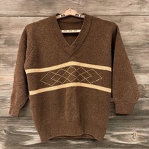 Vintage Wool Sweater Mens XL Brown Tan V-neck 3/4 Sleeves Thick Heavy - $49.49