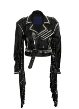 Men Silver Studded Leather Jacket Brando Biker Black Long Fringe Stud Party wear - £174.33 GBP