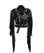 Men Silver Studded Leather Jacket Brando Biker Black Long Fringe Stud Pa... - $300.88 CAD