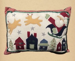 Christmas Clearance Pillow Santa &amp; Reindeers Applique Holiday Decor 16”x11” - £9.15 GBP