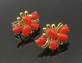 14K GOLD - Vintage Cabochon Cut Coral Shiny Victorian Drop Earrings - GE070 - £457.76 GBP