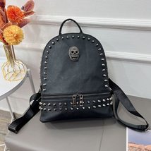 Large Capacity Backpack Unisex Skull Daypack Black Pu Leather Travel Bag Punk Ri - £50.05 GBP