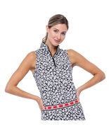 NWT BELYN KEY Black Penny Lane Daisy Cutaway Sleeveless Mock Golf Shirt XL - $49.99