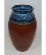 FABULOUS ARTIST SIGNED ART POTTERY STONEWARE BURNT RED TAN BLUE 9&quot; VASE - $84.14