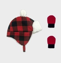 New Baby 2pc Checke Red Flannel Sherpa Trapper Hat &amp; Mitten/Glove Set Cat &amp; Jack - £7.04 GBP