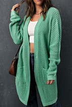 Green Long Line Open Front Knitted Cardigan with Pockets - £27.67 GBP