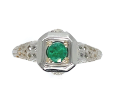 18k White Gold Deco Filigree .21ct Genuine Natural Emerald Ring (#J6332) - £728.55 GBP