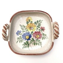 Vintage Italian Art Pottery Candy Dish w/ Roped Handles Hand Painted Flowers - £22.94 GBP