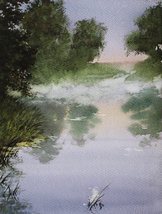Morning Lake Landscape Painting Watercolor River Summer Fog Tree Ukrainian Art - £63.94 GBP
