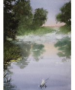 Morning Lake Landscape Painting Watercolor River Summer Fog Tree Ukraini... - £62.54 GBP