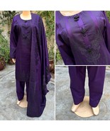 Pakistani Dark Purple straight style Shirt 3-PCS banarsi Lawn Dress,L - $78.21