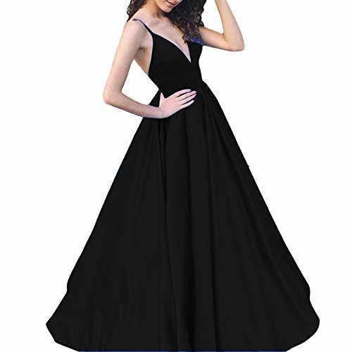 Spaghetti Straps V Neck Long A Line Satin Formal Prom Evening Dress Black US 16