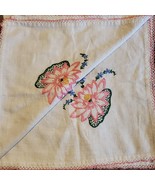 Vintage Handmade Embroidery Linen Table Cloth 34x34 Inch Pink Flower - €18,23 EUR