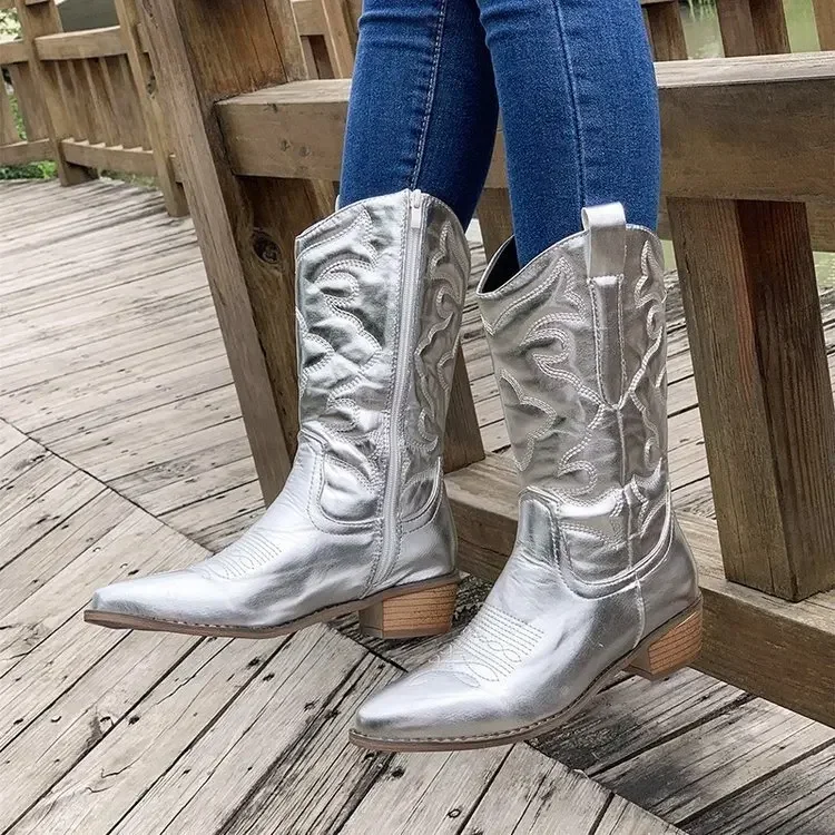 Gold Mid-calf Boots Woman Side Zipper Silver Pointed Western Cowboy Retr... - £46.26 GBP