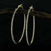 14K Yellow Gold Plated Silver 2Ct Round Simulated Diamond Large Hoop Earrings - £76.43 GBP
