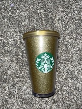 Starbucks Gold Glitter Cold Cup 16oz Tumbler Green Logo w/Lid &amp; Straw 2014 - $15.93