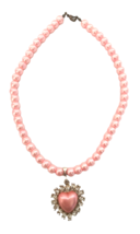 Women&#39;s Necklace Pink Imitation Pearls Acrylic Heart Sparkle Crystal Rhinestones - £9.52 GBP