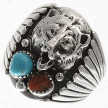 Navajo Mens Big Boy Ring Turquoise Coral Sterling Silver Bear Head s10-12 - £182.39 GBP