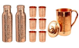 Pure Copper Water Jug Pitchers 2 Hammered Copper Water Bottle 6 Drinking... - £62.42 GBP