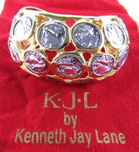 Kenneth Jay Lane, Silver Coin and Gold Large Cuff Bracelet, Gilded Spring Hinge - $210.01