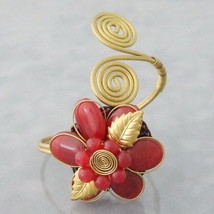 Natural Beauty Red Stone Flower &amp; Brass Swirls Wrap Around Bracelet - £9.27 GBP